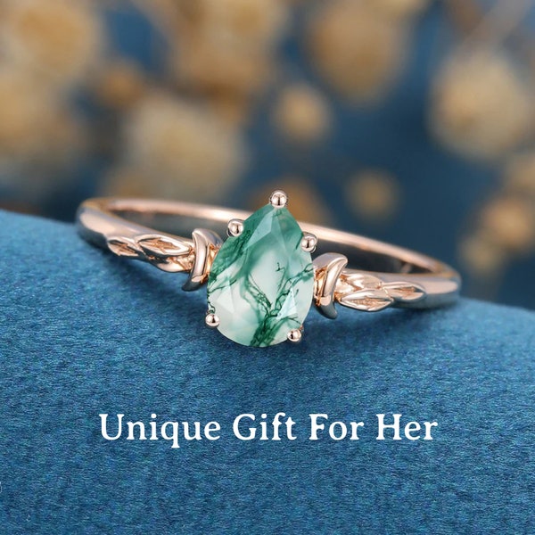 Moss Agate Silver Promise Ring for Her, Unique Moss Agate Engagement Ring, Anniversary Ring Gift, Gemstone Ring, Moss Agate Wedding Ring