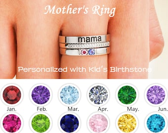 Mama's Ring Gift, Engraved 3 Rings Set, Personalized with Kid's Birthstone, Stackable Birthstone Ring, Mother's Day Gift, Family Ring Gift