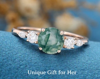 Moss agate ring, Moss agate engagement ring sterling silver, Moss agate promise ring, Round green moss agate ring, Anniversary gift for her