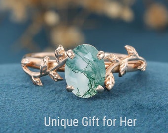 Gouden ovale Moss Agate Ring, 14k Gold Moss Agate ovale ring, unieke natuurlijke Moissanite Ring, Moss Agate Ring goud, sierlijke zilveren Moss Agate Ring