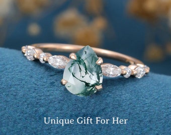 Pear Shape Moss Agate Ring, Green moss agate ring, Teal tourmaline ring, Moss Agate Jewelry, Green gemstone ring, Christmas gift for women