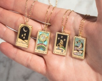 Gold Tarot Card Necklace | Sun, Lover, Star, Moon, Magician, Empress Enamel Pendant Necklace, Elegant Necklace, Gold Necklace