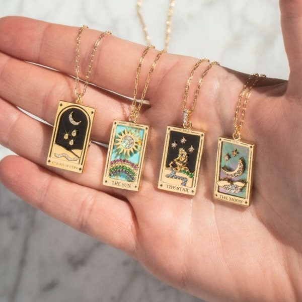 Gold Tarot Card Necklace | Sun, Lover, Star, Moon, Magician, Empress Enamel Pendant Necklace, Elegant Necklace, Gold Necklace