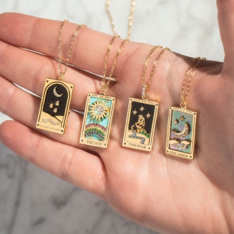 Gold Tarot Card Necklace Sun, Lover, Star, Moon, Magician, Empress Enamel Pendant Necklace, Elegant Necklace, Gold Necklace image 1