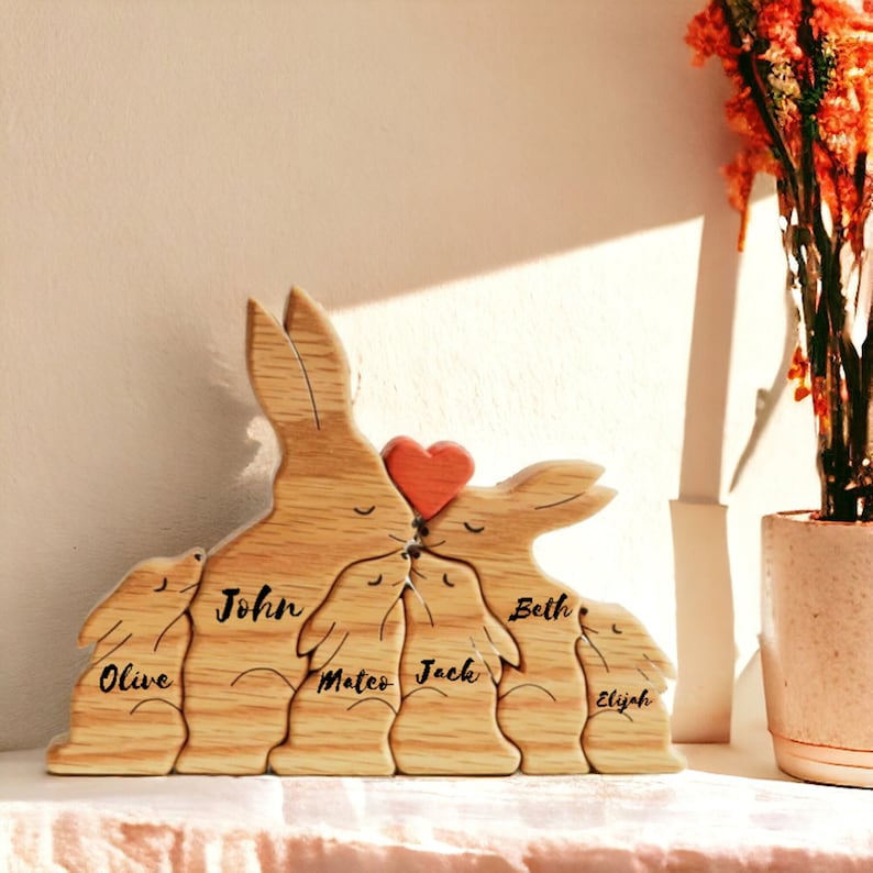 Wooden Bunny Family Puzzle, Engraved Family Name Puzzle, Rabbit Family Keepsake Gift, Animal Family,Gift for Kids, Mother's Day Gift for Her image 1