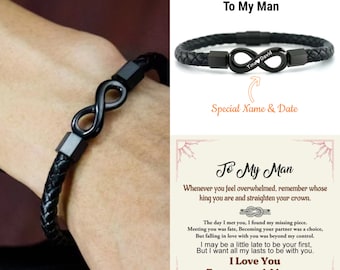 To My Man Personalized Engraved Infinity Charm Bracelet, Couples bracelet, Custom Infinity Engraved Bracelet, Leather and Steel Bracelet