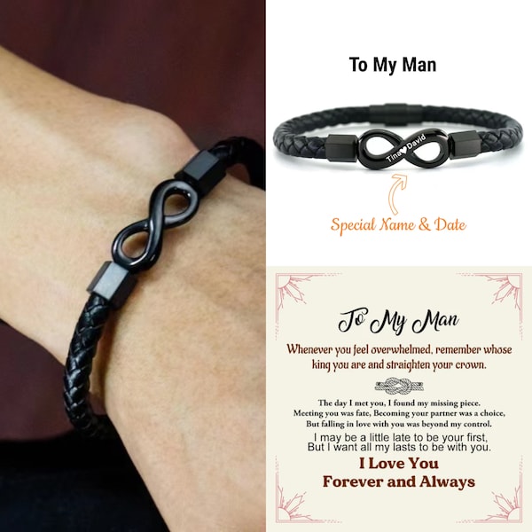 A mi hombre pulsera de encanto infinito grabado personalizado, pulsera de parejas, pulsera grabada infinito personalizada, pulsera de cuero y acero