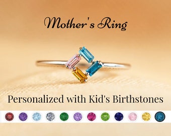 Personalized 3-6 Baguette Birthstones Ring, Mother's Ring Gift, Specialized With Your Kid's Birthstones, Custom Family Birthstones Ring Gift