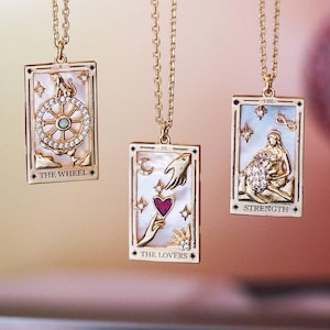 Gold Tarot Card Necklace Sun, Lover, Star, Moon, Magician, Empress Enamel Pendant Necklace, Elegant Necklace, Gold Necklace image 2