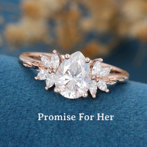 Pear Shaped Moissanite Engagement Ring Vintage Unique Marquise Cut Diamond Cluster Engagement Ring 18k Gold Wedding Bridal Gift for Women