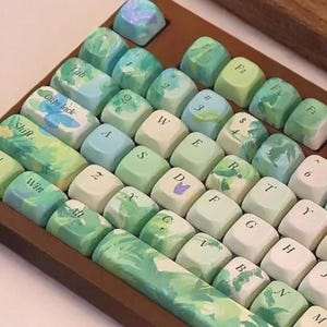 143 keys Fresh Daisy Keycap Set, Oil Paint Green Plants Keycaps, Cherry Profile Keycaps, PBT Keycaps, cherry mx Keycaps, mechanical keyboard