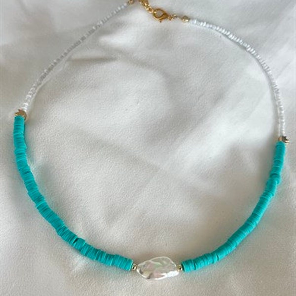 Collier Fimo Turquoise et Blanc