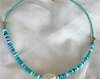 Shades of Blue Fimo Bead Necklace, Beaded NEcklace, Blue NEcklace