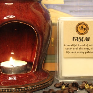 Peut inclure: Un chauffe-cire en céramique rouge foncé avec une bougie chauffe-plat allumée à l'intérieur, placé à côté d'un emballage en plastique transparent contenant une cire fondante blanche. L'étiquette indique PASCAL, A beautiful blend of salty sea water, cool blue sage, island life, and smoky patchouli.