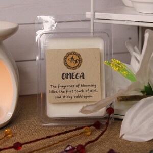 Könnte beinhalten: Ein weißes Wachs-Melt in einem durchsichtigen Plastikbehälter mit einem braunen Etikett, auf dem "OMEGA The fragrance of blooming lilies, the first touch of dirt, and sticky bubblegum." steht.