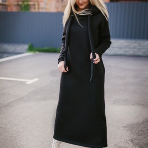 Long hoodie dress for women dark pink with pockets, warm hoodie dress