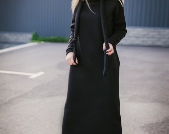 Langes Kapuzenkleid für Frauen dunkelrosa mit Taschen, warmes Kapuzenkleid