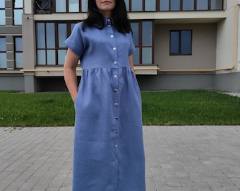 Leinenkleid Damen, Leinen Sommerkleid, Leinen Hemdkleid in Blau