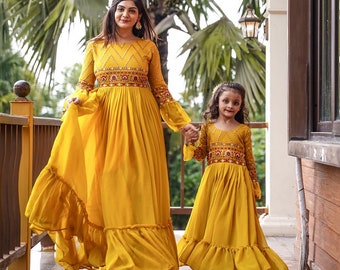 Matching Mom Daughter Outfits Gift Yellow Maxi Flair Gown Dress