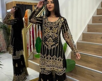 Beautiful Black Pakistani Sharara Gharara Set With Golden Embroidery, Readymade Indian Georgette Fabric, Designer Ethnic Wear 3 Pcs Set USA