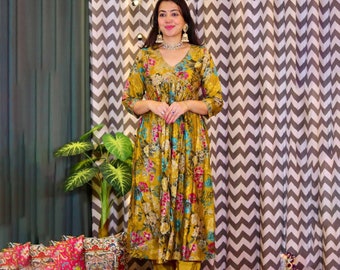 Buy Yellow Satin Silk Anarkali Dress for Woman USA, Indian