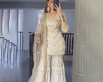 Pakistani Sparkling Indian Sharara Suit For Woman USA, Georgette Fully Stitched Sequin Embroidered Ethnic Readymade Wedding Wear Dress