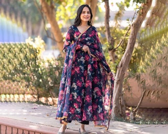 Readymade Anarkali Long Dress Gown Dupatta For Women (Free Customization), Ethnic Pakistan Dress, Flared Digital Printed Party Outfit USA