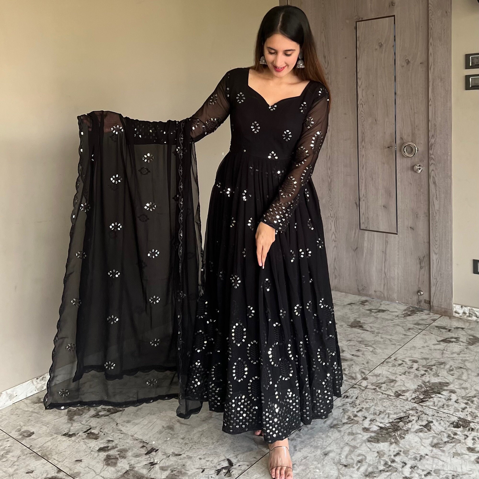 Black Silk Crepe Embellished with Metallic Foil work Anarkali Gown |  Partywear Gowns Online USA – Ria Fashions
