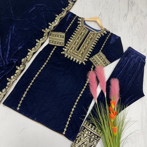 Pakistani Velvet Salwar Kameez, Readymade Winter Wear Zari Embroidered Straight 3 Pcs Kurta Set, Ethnic Outfit For Women USA Gift For Ger