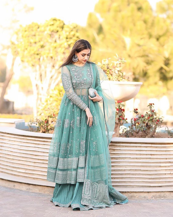 A cotton silk Anarkali gown with attached cotton slip and organza Dupa –  samantchauhan