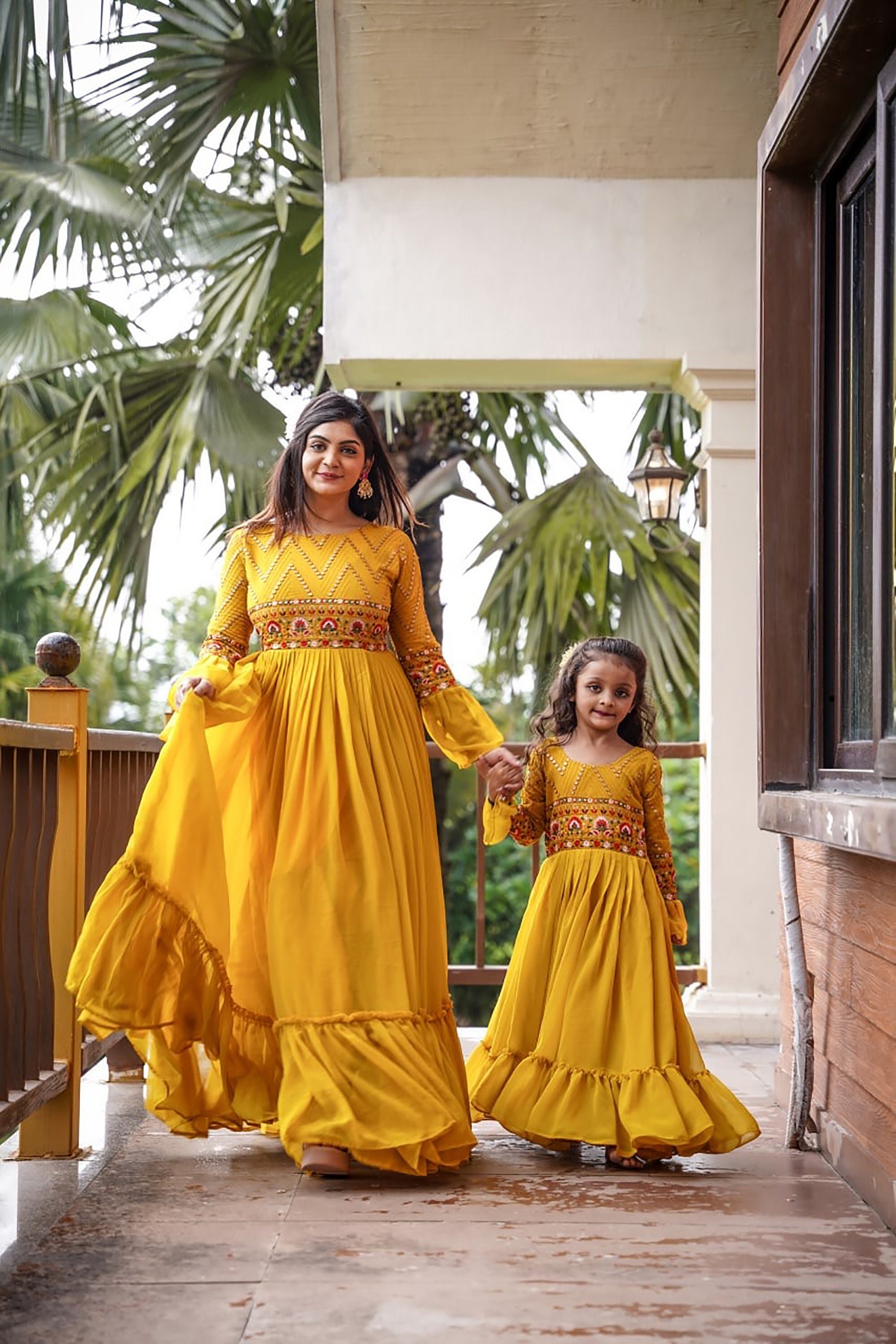 Buy Matching Mom Daughter Outfits Gift, Yellow Maxi Flair Gown Dress,  Georgette Fabric With Embroidery & Ruffle Work, Ethnic Wear Mom and Me  Online in India - Etsy