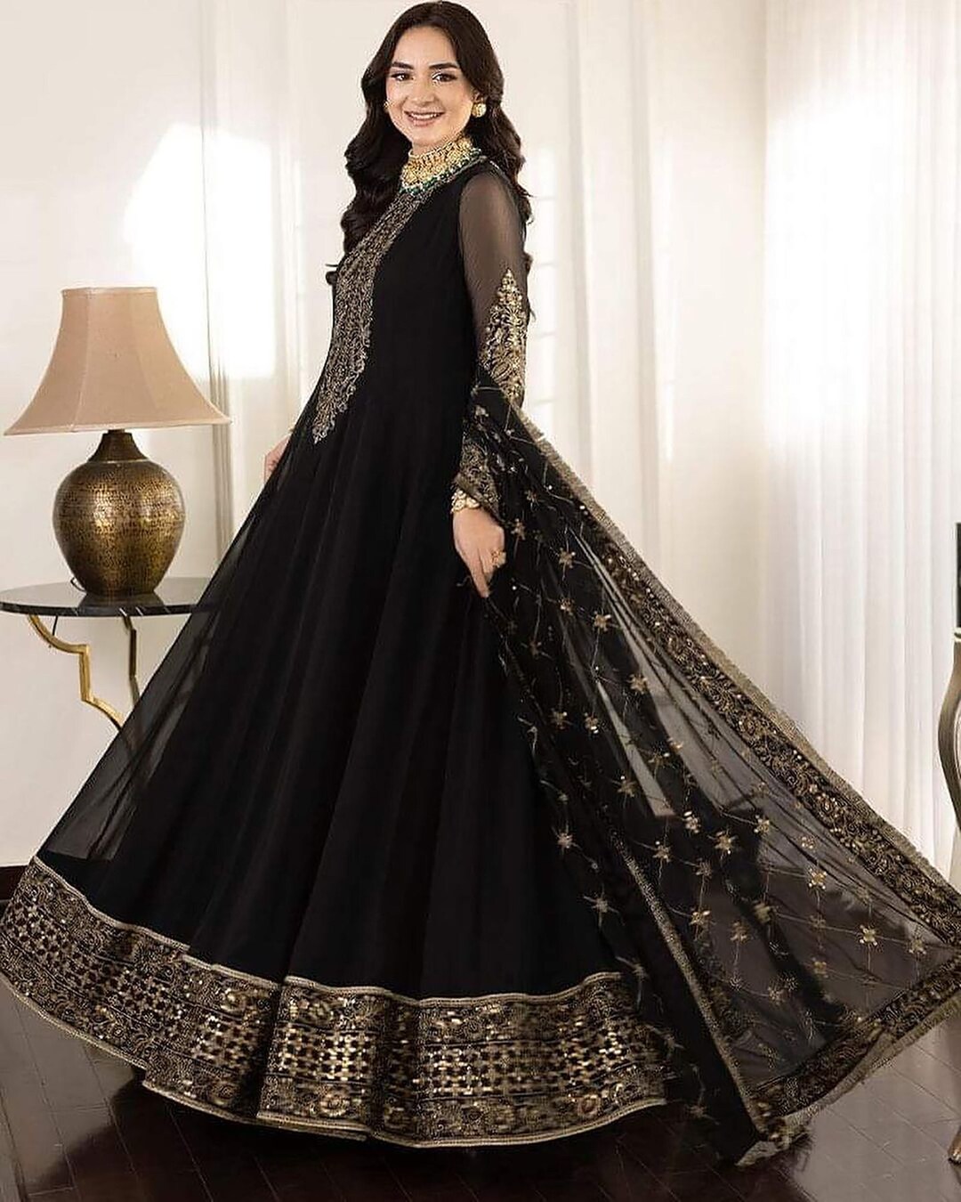 Indian Georgette Anarkali Long Gown Kurti for Women USA, Black