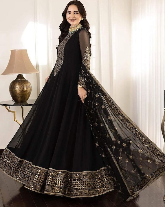 Indian Georgette Anarkali Long Gown Kurti for Women USA, Black Sequin  Embroidered Pakistan Ready to Wear Wedding Outfit With Free Shipping -   Canada