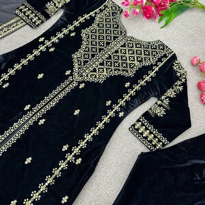 Zari Velvet Pakistani Salwar With Free Customization, Black Long Kurta & Dupatta, Indian Traditional Wear, Beautiful Outfit for Women USA