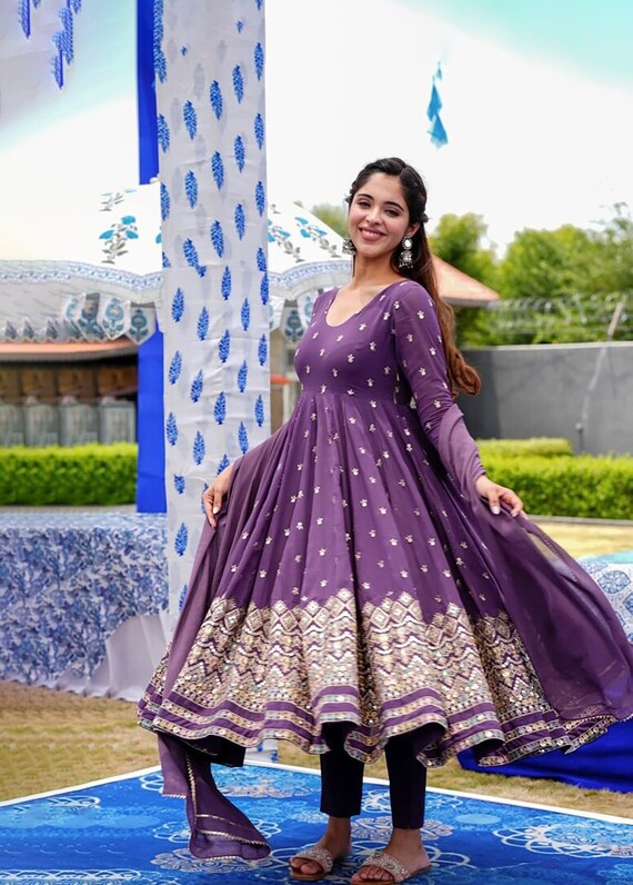 Impressive Blue Color Printed With Sequins Work Full Sleeve Gown