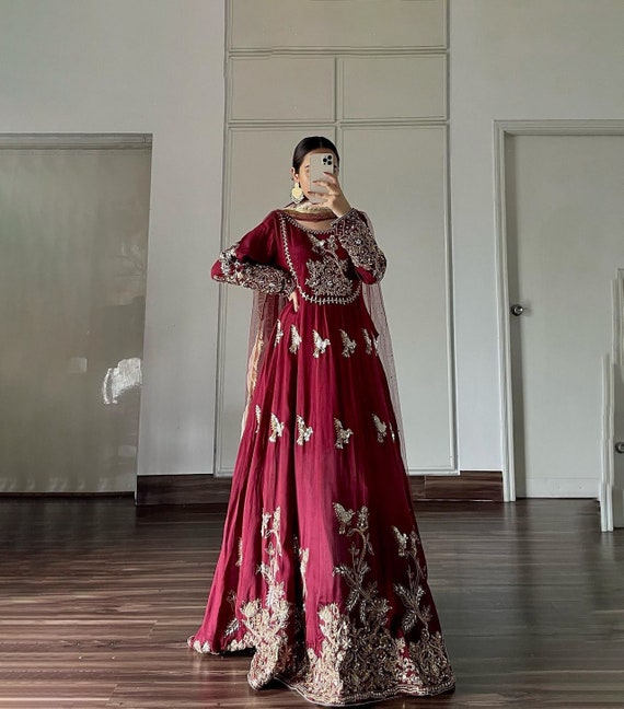 Shop Rose Red Embroidered Satin Silk Designer Gown Online in USA – Pure  Elegance