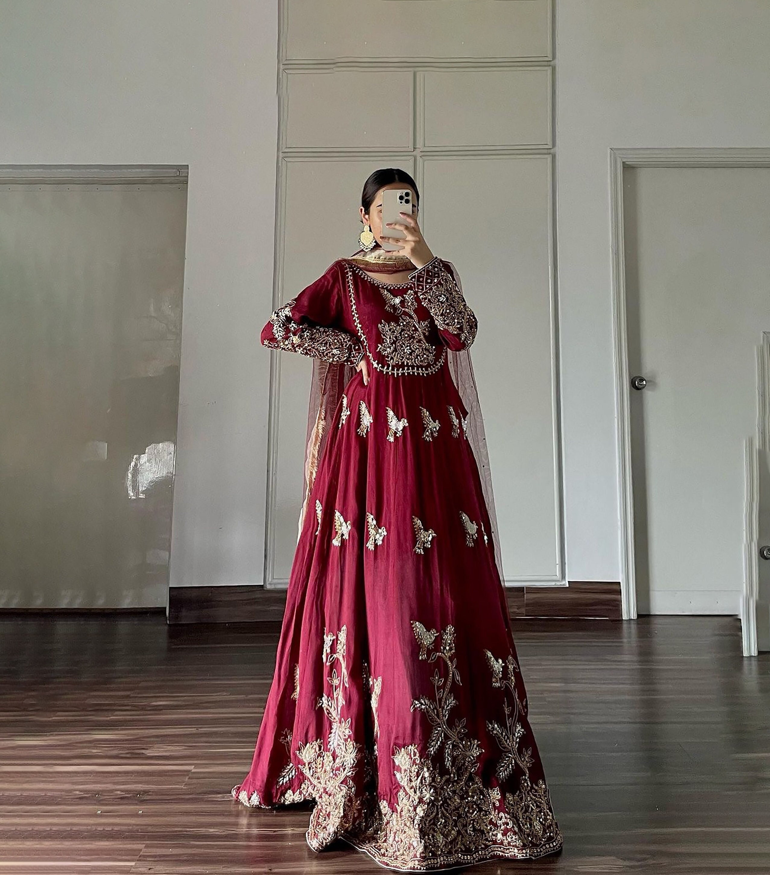 Sasya - @monami_ghosh seen here in our wine leather work gown. Style this  for a sangeet, engagement or even a reception. . . # #indian #indianwedding  #indianwear #indianfashion #gowns #leather-detailing #wine #engagement-gowns  #