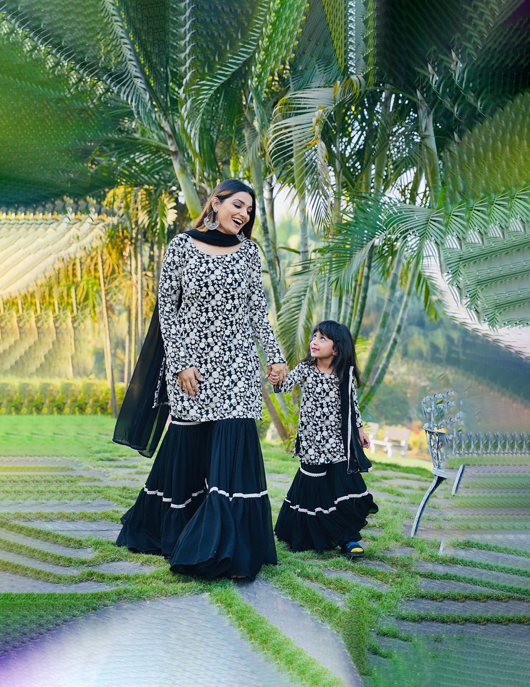 Matching Mom Daughter Outfits for Gift, Black Sharara Gharara Dress(02)