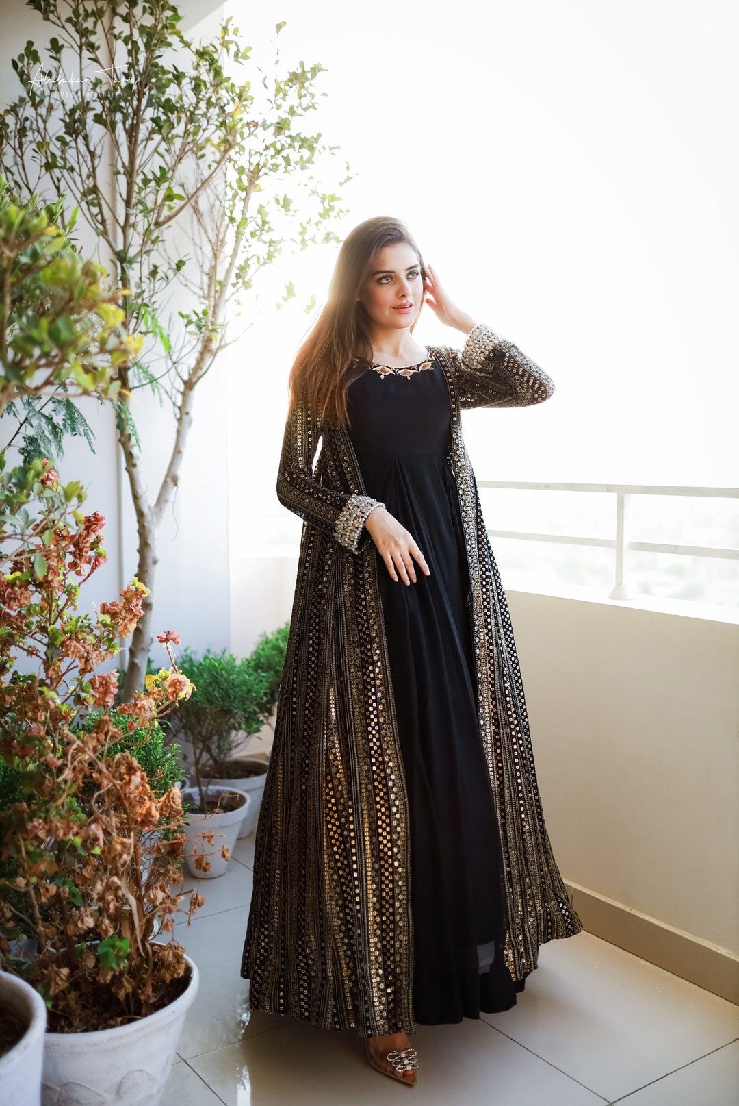 Indian Flared Anarkali Sequin Embroidered Gown With Shrug
