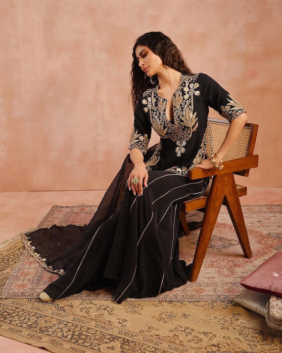 Sara Ali Khan Top Sharara Suit in Black Georgette With Beautiful Embroidery  Work in USA, UK, Malaysia, South Africa, Dubai, Singapore
