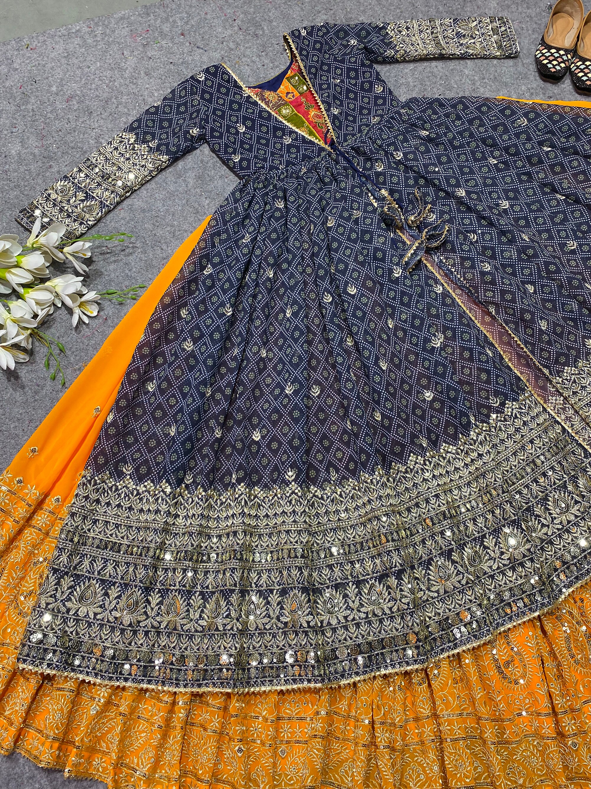 Anarkali Lehenga With Choli & Koti Sequin Embroidered Indian