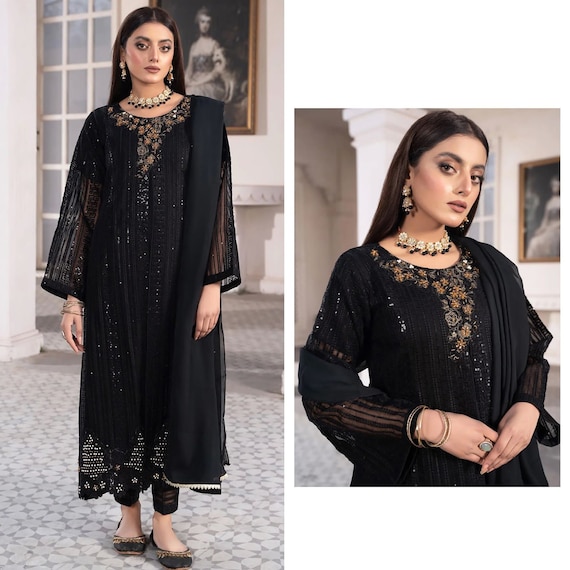 laxuria trendz design number 1276 readymade handwork boutique style kurtie  with pant and duppta readymade black colour pakistani suits collection