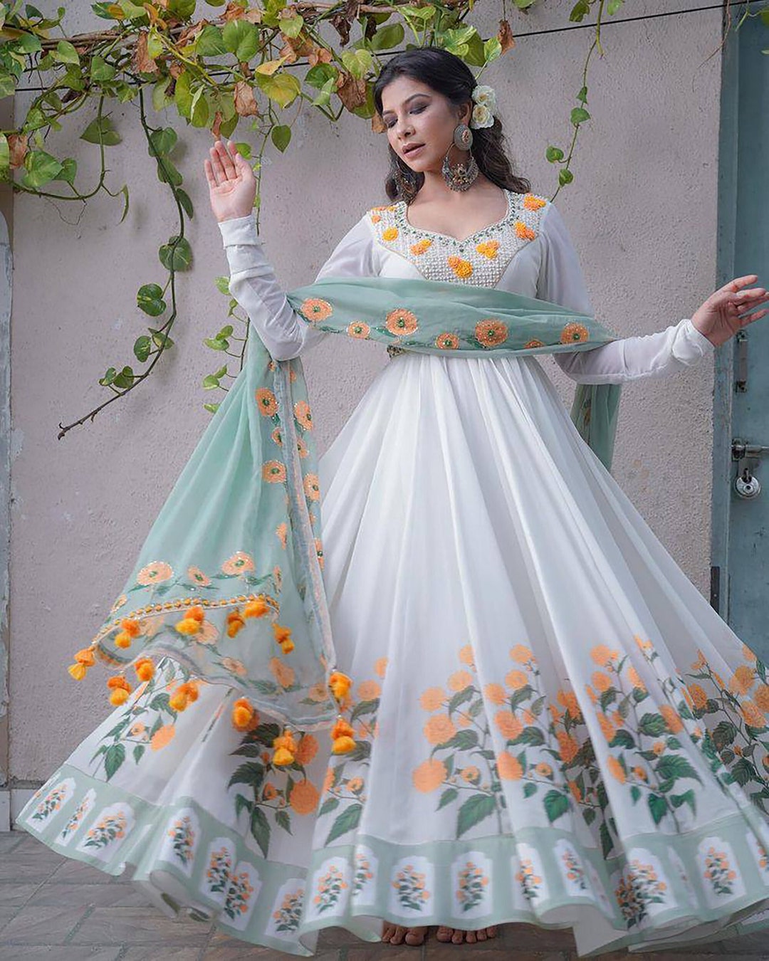 White Chanderi Readymade Long Anarkali Suit 258094