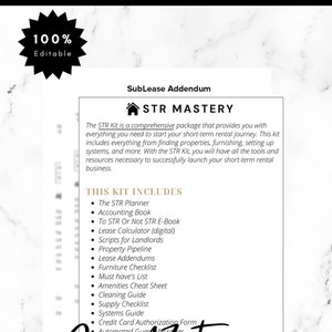 May include: A white document titled "AIRBNB KIT" with the text "Includes all forms and checklist." The document includes a list of resources for short-term rental businesses, including a planner, accounting book, and checklists. The document is 100% editable.