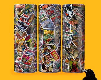 horror komiks okładka kolaż 20 oz chudy kubek sublimacja projekt, projekt do druku, projekt opakowania kubka pobieranie cyfrowe, natychmiastowy PNG