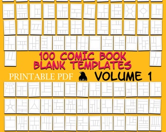 May include: A set of 100 printable comic book templates in PDF format. The templates are arranged in a grid on a yellow background. The text "100 Comic Book Blank Templates" and "Printable PDF Volume 1" is displayed in the center of the image.