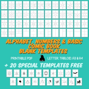 Alfabeto, Números, Básico y Especial Plantilla de Cómic | Cómic en blanco | Descarga instantánea | Carta tabloide A3 A4 tira cómica