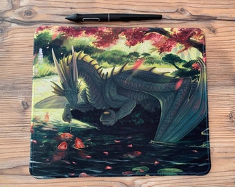 Mousepad - Silver dragon feeding koi fish - 30x25 cm (~ 12x10 in) - fantasy, dnd mouse mat