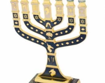 Enameled menorah in sterling silver with dark navy blue and gold of 12 tribes of Israel 4.7″ / 12cm