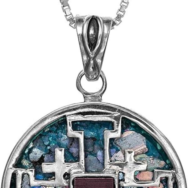 Nano Sim New Testament Round Silver Pendant The Jerusalem Cross Studded with Roman Glass